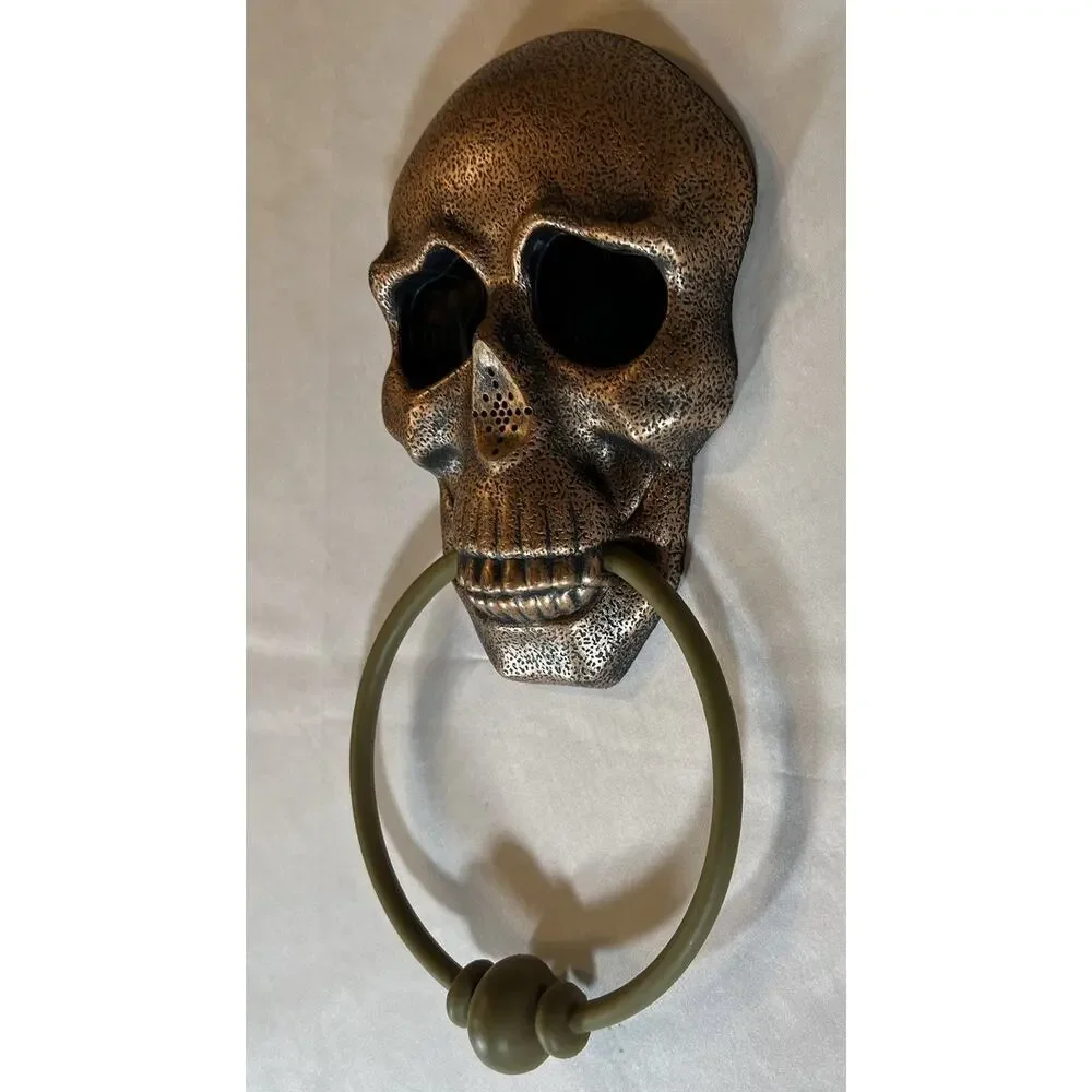 Halloween Skull Door Knocker Decor Red Eyes Skeleton Goth Lights Talking Bronze